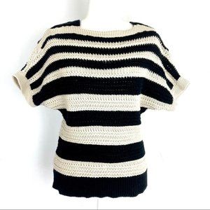 •LOFT•Sweater Short Sleeves Striped Black Cream L
